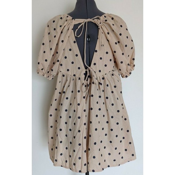 Two Little Sisters Mini Dress Polka Dot Puff Sleeve Halsey Beige BNWT Size 14 - Picture 2 of 7